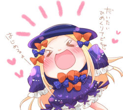 Rule 34 | &gt; &lt;, 1girl, :d, abigail williams (fate), april fools, blonde hair, bloomers, blue bow, blue hat, blush, bow, bug, butterfly, chibi, closed eyes, commentary request, dress, facing viewer, fate/grand order, fate (series), forehead, hair bow, hands up, hat, heart, insect, long hair, long sleeves, multiple hair bows, open mouth, orange bow, outstretched arms, parted bangs, polka dot, polka dot bow, purple dress, simple background, sleeves past fingers, sleeves past wrists, smile, solo, tenmai miwa, translation request, underwear, v-shaped eyebrows, very long hair, white background, white bloomers, xd
