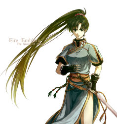 Rule 34 | 1girl, copyright name, delsaber, fire emblem, fire emblem: the blazing blade, green eyes, green hair, hair ornament, long hair, looking at viewer, lyn (fire emblem), matching hair/eyes, nintendo, ponytail, simple background, solo, sword, very long hair, weapon, white background