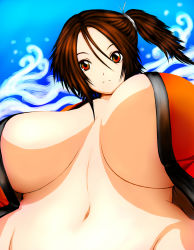 Rule 34 | breasts, brown hair, cleavage, curvy, festival, from below, groin, highres, hip focus, huge breasts, japanese clothes, kimono, navel, no bra, open clothes, original, perky breasts, red eyes, short hair, side ponytail, standing, tsukasawa takamatsu, upper body, wide hips