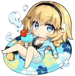 Rule 34 | 1girl, :o, akae neo, barefoot, bendy straw, bikini, bikini under clothes, black bikini, black hairband, blonde hair, blue eyes, blue hawaii, blue jacket, blush, braid, breasts, chibi, cleavage, collarbone, commentary request, cup, drinking straw, fate/grand order, fate (series), flower, fruit cup, hair between eyes, hairband, holding, holding cup, innertube, jacket, jeanne d&#039;arc (fate), jeanne d&#039;arc (ruler) (fate), jeanne d&#039;arc (swimsuit archer) (fate), jeanne d&#039;arc (swimsuit archer) (first ascension) (fate), long hair, long sleeves, looking at viewer, low twintails, medium breasts, open clothes, open jacket, parted lips, red flower, simple background, solo, swim ring, swimsuit, transparent, tropical drink, twin braids, twintails, very long hair, water drop, white background
