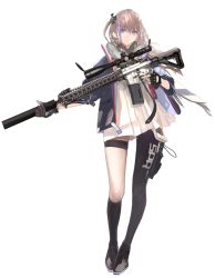 Rule 34 | 1girl, ar-15, assault rifle, asymmetrical legwear, bad id, bad pixiv id, black pantyhose, blue eyes, dress, fingerless gloves, full body, girls&#039; frontline, gloves, gun, hair ornament, highres, holding, holding gun, holding weapon, holster, jacket, knife, left-handed, lin+, long hair, looking at viewer, multicolored hair, official art, pantyhose, personification, rifle, scarf, scope, shirt, side ponytail, single leg pantyhose, single thighhigh, solo, st ar-15 (girls&#039; frontline), standing, strap, streaked hair, suppressor, thigh holster, thigh strap, thighhighs, transparent background, trigger discipline, uneven legwear, weapon, white shirt
