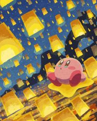 Rule 34 | colored skin, commentary, flare, floating, highres, kirby, kirby (series), lantern, lens flare, looking up, miclot, mountain, night, night sky, nintendo, no humans, paper lantern, pink skin, red footwear, sky, sky lantern, sparkling eyes, star (sky), star (symbol)
