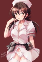 Rule 34 | 1girl, alternate costume, arm behind back, artist name, belt, belt pouch, black belt, black ribbon, breasts, brown background, brown eyes, brown hair, cleavage, commentary request, cowboy shot, dress, gertrud barkhorn, hair ribbon, hand in own hair, haruhata mutsuki, hat, long hair, looking at viewer, medium breasts, nurse, nurse cap, open clothes, open dress, panties, pink dress, pink hat, pouch, ribbon, short sleeves, signature, solo, strike witches, thighhighs, twintails, twitter username, underwear, white panties, white thighhighs, world witches series