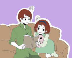 Rule 34 | black eyes, book, couch, digimon, digimon (creature), father and daughter, highres, izumi koshiro, izumi koshiro&#039;s daughter, mochimon, smile