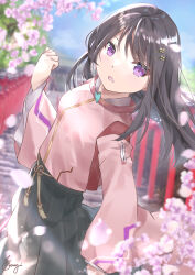 Rule 34 | 1girl, absurdres, black hair, black skirt, blurry, blurry background, cherry blossoms, day, detached sleeves, hair ornament, hairclip, hand up, heaven burns red, highres, nikaidou misato, outdoors, purple eyes, skirt, solo, standing, tsumugi-t, wide sleeves