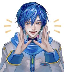 Rule 34 | 1boy, absurdres, blue eyes, blue hair, blue scarf, commentary request, hair between eyes, headset, highres, kaito (vocaloid), long sleeves, looking at viewer, male focus, notice lines, open mouth, retas 123, scarf, short hair, simple background, solo, teeth, upper body, vocaloid, white background, zipper pull tab