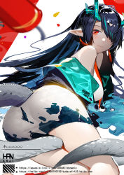 Rule 34 | 1girl, arknights, artist name, ass, bare shoulders, between legs, black hair, blush, breasts, candle, character name, closed mouth, dragon girl, dragon horns, dragon tail, dress, dusk (arknights), earrings, feet out of frame, from behind, han-0v0, horns, jewelry, long hair, looking at viewer, looking back, lying, medium breasts, off shoulder, on side, red eyes, short dress, solo, star (symbol), tail, tail between legs, tassel, tassel earrings, very long hair, watermark, web address, white background, white dress