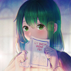 Rule 34 | 1girl, artist name, blurry, blurry background, blush, book, green eyes, green hair, green nails, hair between eyes, holding, holding book, lens flare, long hair, long sleeves, looking at viewer, milktea 0021, mirror image, nail polish, original, portrait, ribbed sweater, solo, sweater, watermark