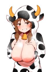 Rule 34 | 1girl, animal costume, animal ears, animal hood, animal print, bell, blush, breasts, breasts out, brown eyes, brown hair, cleavage, collar, collarbone, commentary request, cow costume, cow ears, cow hood, cow horns, cow print, cowbell, fake animal ears, fake horns, grin, hair tie, hands on own chest, hands up, highres, hood, hood up, horns, idolmaster, idolmaster cinderella girls, inverted nipples, katagiri sanae, large areolae, large breasts, long hair, looking at viewer, low twintails, minakamirin, neck bell, nipples, simple background, smile, solo, standing, steaming body, sweat, twintails, upper body, white background