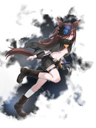 Rule 34 | 1girl, alternate costume, animal ears, belt, black belt, black cloak, black gloves, black shorts, blue flower, blue hat, blue rose, boots, breasts, brown footwear, brown hair, cleavage, cloak, closed mouth, commentary request, dagger, detached sleeves, fingerless gloves, flower, full body, gloves, hair between eyes, hair over one eye, hat, hat flower, highres, horse ears, horse girl, horse tail, knee boots, kneehighs, knife, long hair, looking at viewer, naked cloak, navel, purple eyes, reiku09, rice shower (umamusume), rose, sheath, sheathed, short shorts, shorts, sidelocks, simple background, single detached sleeve, single fingerless glove, single kneehigh, single sock, skindentation, small breasts, socks, solo, standing, standing on one leg, stomach, tail, thigh strap, tilted headwear, umamusume, weapon, white background, white socks