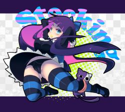Rule 34 | 10s, 1girl, blue eyes, blueberry (5959), bouncing breasts, bow, breasts, cameltoe, candy, cat, character name, colored inner hair, dress, eating, food, hair bow, honekoneko, large breasts, lollipop, long hair, multicolored hair, panties, panty &amp; stocking with garterbelt, pantyshot, solo, stocking (psg), striped clothes, striped thighhighs, thighhighs, tongue, two-tone hair, underwear, very long hair