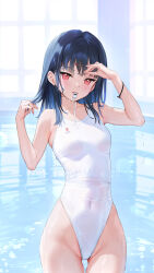 Rule 34 | 1girl, absurdres, bare shoulders, black hair, blush, breasts, collarbone, competition swimsuit, covered navel, hair ornament, hairclip, hands up, highleg, highleg swimsuit, highres, ichigo-chan (mignon), indoors, looking at viewer, medium hair, mignon, mouth hold, one-piece swimsuit, original, red eyes, reflection, shiny skin, simple background, small breasts, solo, swimsuit, water, water drop, wet, whistle, white swimsuit