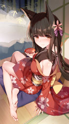 Rule 34 | akagi (warship girls r), animal ears, bare shoulders, barefoot, bison cangshu, breasts, brown eyes, cushion, drunk, flower, fox ears, greek toe, hair flower, hair ornament, highres, japanese clothes, kimono, large breasts, legs, sitting, sitting on cushion, smiley face, soles, solo, spread fingers, toes, warship girls r