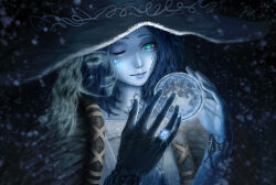 Rule 34 | 1girl, blue skin, casting spell, colored skin, commentary request, cracked skin, elden ring, extra faces, glint, green eyes, hat, highres, jewelry, light smile, one eye closed, ranni the witch, ring, saran wrap (sf seijin), solo, wedding ring, witch hat