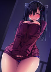 Rule 34 | 1girl, black hair, blush, breasts, cleavage, cleavage cutout, clothes tug, clothing cutout, covered erect nipples, cowboy shot, curvy, dutch angle, from below, hair ornament, hairclip, heart, heart-shaped pupils, highres, large breasts, long hair, looking at viewer, looking down, meme attire, mole, mole under eye, open-chest sweater, original, panties, purple eyes, purple panties, pussy juice, ribbed sweater, satou kuuki, sleeves past wrists, smile, solo, sweat, sweater, sweater tug, symbol-shaped pupils, tareme, thick thighs, thighs, twintails, underwear, wet, wet clothes, wet panties, wide hips