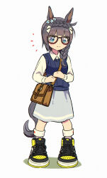 Rule 34 | 1girl, absurdres, animal ears, appleq, bag, black footwear, black hair, blue eyes, braid, breasts, closed mouth, collared shirt, commentary request, dress shirt, full body, glasses, grey skirt, hair over shoulder, highres, holding strap, horse ears, horse girl, horse tail, long hair, long sleeves, looking at viewer, medium breasts, notice lines, red-framed eyewear, shadow, shirt, shoes, shoulder bag, simple background, single braid, skirt, smile, socks, solo, standing, sweater vest, tail, umamusume, white background, white shirt, white socks, zenno rob roy (umamusume)