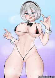 Rule 34 | 2b (nier:automata), arms up, belly, bikini, blue eyes, bow, bowtie, breasts, cameltoe, drooling, hair ornament, kurodahlia18, large breasts, nails, narrow waist, navel, nipple slip, nipples, open mouth, saliva, saliva trail, short hair, steam, steaming body, string bikini, sweat, sweatdrop, swimsuit, thick thighs, thighs, white hair, wide hips