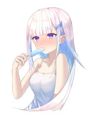 Rule 34 | 1girl, absurdres, bare shoulders, blue hair, blunt bangs, blush, breasts, camisole, cleavage, collarbone, cropped torso, eating, food, gradient hair, hair ornament, hairclip, highres, holding, holding food, lize helesta, medium breasts, multicolored hair, nijisanji, nose blush, popsicle, purple eyes, sidelocks, silver hair, simple background, sleeveless, solo, sweat, take (user ypzx8253), two-tone hair, upper body, virtual youtuber, white background