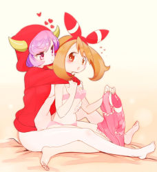 Rule 34 | 2girls, age difference, bare legs, barefoot, bed sheet, blush, bottomless, bra, breasts, brown hair, chorimokki, cleavage, courtney (pokemon), courtney (pokemon oras), creatures (company), fake horns, fingernails, flying sweatdrops, game freak, hair ribbon, heart, holding, holding clothes, hood, hoodie, horned headwear, horns, hug, hug from behind, may (pokemon), may (pokemon oras), medium breasts, multiple girls, naked hoodie, nintendo, open clothes, open hoodie, pajamas, panties, pink bra, pink panties, pokemon, pokemon oras, purple hair, ribbon, sitting, toenails, two side up, underwear, yuri