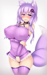Rule 34 | 1girl, alternate breast size, animal ears, blush, breasts, choker, covered erect nipples, embarrassed, grey background, hair ornament, highres, huge breasts, kemonomimi mode, kutan, long hair, open mouth, purple eyes, purple thighhighs, solo, striped clothes, striped thighhighs, tail, thighhighs, twintails, vertical-striped clothes, vertical-striped thighhighs, vocaloid, voiceroid, yuzuki yukari