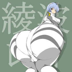 Rule 34 | 1girl, ass, ayanami rei, blue hair, bodysuit, breasts, cameltoe, cleft of venus, female focus, from behind, from below, huge ass, kiti, large breasts, looking back, looking down, neon genesis evangelion, parted lips, pilot suit, plugsuit, plump, red eyes, short hair, simple background, solo