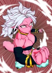 Rule 34 | 1girl, abs, android 21, angry, arabian clothes, attack, black nails, bracelet, breasts, dragon ball, dragon ball fighterz, dragonball z, fighting stance, highres, incoming attack, incoming punch, jewelry, looking at viewer, majin android 21, muscular, muscular female, nail polish, necklace, punching, serious, tail, zequung, zquung