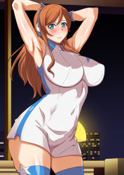 Rule 34 | 10s, 1girl, aqua eyes, armpits, arms behind head, arms up, blush, breasts, closed mouth, covered erect nipples, covered navel, curvy, eyebrows, eyelashes, female focus, gundam, gundam build fighters, gundam build fighters try, hair ornament, kamiki mirai, kunifuto, large breasts, legs together, long hair, looking at viewer, orange hair, shiny skin, solo, standing, thighhighs, wide hips