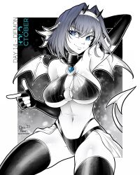 Rule 34 | 1girl, 2023, @ @, blue eyes, blue hair, breasts, cowboy shot, dated, demon girl, demon horns, demon tail, demon wings, elbow gloves, fingerless gloves, gloves, hair intakes, heart, highres, hololive, hololive english, horns, kluverdesigns, large breasts, monochrome, navel, ouro kronii, skindentation, solo, spot color, tail, thighhighs, twitter username, virtual youtuber, watermark, wings