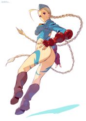 Rule 34 | 1girl, ahoge, ass, blonde hair, blue eyes, blue hat, blue leotard, boots, braid, brown footwear, cammy white, closed mouth, fingerless gloves, from behind, full body, gloves, hat, highres, kotatsu (g-rough), leotard, long hair, long sleeves, looking at viewer, red gloves, signature, solo, street fighter, street fighter zero (series), twin braids, twintails, very long hair, white background