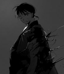 Rule 34 | 1boy, backlighting, beads, blood, blood on arm, blood on face, bridal gauntlets, dirty, dirty face, earrings, from side, frown, greyscale, hand on own arm, inuyasha, japanese clothes, jewelry, kesa, kimono, long sleeves, looking to the side, male focus, miroku (inuyasha), monochrome, ponytail, prayer beads, roku (tsua-kihuyu), scratches, sideways glance, simple background, solo, torn clothes, torn sleeves