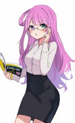 Rule 34 | 1girl, adjusting eyewear, black skirt, blunt bangs, blush, book, breasts, buttons, collared shirt, commentary, cowboy shot, english commentary, english text, for dummies, glasses, gradient hair, green eyes, hair between eyes, hair rings, hand up, heterochromia, highres, himemori luna, holding, holding book, holoforce, hololive, long hair, long sleeves, looking up, medium breasts, messy hair, multicolored hair, open book, open mouth, orobou, out of frame, pink hair, purple eyes, purple hair, semi-rimless eyewear, shirt, shirt tucked in, simple background, skirt, solo, union jack, virtual youtuber, white background, white shirt