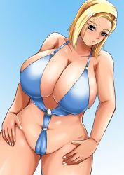 Rule 34 | 1girl, android 18, blonde hair, blue eyes, blush, breasts, cleavage, curvy, dragon ball, dragonball z, highres, huge breasts, looking at viewer, navel, plump, short hair, solo, swimsuit, thick thighs, thighs, waifu2x, wide hips