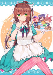 Rule 34 | 4girls, :q, absurdres, alice (alice in wonderland), alice (alice in wonderland) (cosplay), alternate costume, apron, az 37331m, border, bow, brown hair, checkerboard cookie, cheshire cat (alice in wonderland), cheshire cat (cosplay), chibi, cookie, cosplay, doki doki literature club, flying sweatdrops, food, food on face, fork, frilled apron, frills, green eyes, halloween, halloween costume, highres, holding, holding tray, knees together feet apart, lace, lace border, long hair, macaron, mad hatter (alice in wonderland), mad hatter (alice in wonderland) (cosplay), monika (doki doki literature club), multiple girls, musical note, natsuki (doki doki literature club), ornate border, pantyhose, pink legwear, ponytail, puffy short sleeves, puffy sleeves, sayori (doki doki literature club), short sleeves, sitting, solo focus, star (symbol), striped clothes, striped legwear, striped pantyhose, sweat, tongue, tongue out, tray, vertical-striped clothes, vertical-striped legwear, vertical-striped pantyhose, white apron, white bow, wrist cuffs, yuri (doki doki literature club)
