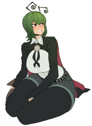 Rule 34 | 1girl, aged up, alternate breast size, antennae, belt, black belt, black cape, black eyes, black pantyhose, black shirt, blush, boots, breasts, brown footwear, buckle, cape, collared shirt, commentary request, eyelashes, green hair, highres, large breasts, layered shirt, pantyhose under shorts, long sleeves, looking to the side, open mouth, pantyhose, red cape, seiza, shirt, short hair, short shorts, shorts, sitting, solo, spacezin, teeth, touhou, two-sided cape, two-sided fabric, white shirt, wing collar, wriggle nightbug