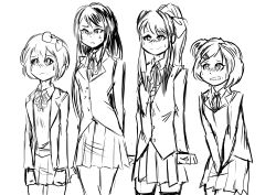 Rule 34 | 4girls, absurdres, arms at sides, arms behind back, between legs, biku, blush, bow, bowtie, breasts, clenched hands, clenched teeth, closed mouth, doki doki literature club, embarrassed, female focus, flat chest, greyscale, hair bow, hair ornament, hair ribbon, hairclip, half-closed eyes, hand between legs, happy, have to pee, highres, jacket, long hair, long sleeves, miniskirt, monika (doki doki literature club), monochrome, multiple girls, natsuki (doki doki literature club), neck ribbon, nose blush, one side up, open mouth, pleated skirt, ponytail, ribbon, sayori (doki doki literature club), school uniform, shirt, short hair, simple background, sketch, skirt, small breasts, smile, standing, sweat, teeth, thighhighs, v arms, white background, yuri (doki doki literature club), zettai ryouiki