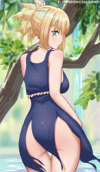 Rule 34 | 1girl, ahnei, ass, bare shoulders, blonde hair, blue dress, blue eyes, breasts, dr. stone, dress, from behind, green eyes, highres, kohaku (dr. stone), long hair, looking at viewer, looking back, outdoors, ponytail, sash, sideboob, solo, thigh gap, torn clothes, torn dress, tree, water, waterfall