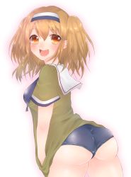Rule 34 | 10s, :d, absurdres, aimyun, ass, blush, breasts, brown eyes, hairband, hands in pocket, highres, i-26 (kancolle), kantai collection, large breasts, light brown hair, long hair, looking back, open mouth, sailor collar, short sleeves, smile, solo, swimsuit, two-tone hairband, two side up, zipper