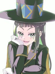 Rule 34 | 1girl, beyblade, beyblade x, black hair, facial tattoo, formal, gloves, hat, highres, long hair, looking at viewer, multicolored hair, nanairo multi, official alternate costume, simple background, solo, suit, tattoo, top hat, umikisana