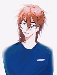 Rule 34 | 1boy, black eyes, blue shirt, brown hair, commentary, hair between eyes, highres, isoi reiji, light particles, looking at viewer, lower teeth only, male focus, medium hair, open mouth, portrait, saibou shinkyoku, sanpaku, shirt, simple background, solo, symbol-only commentary, teeth, tu (7335608837), white background