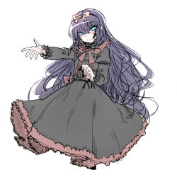 Rule 34 | + +, 1girl, black dress, black hairband, black souls, blue eyes, bow, closed mouth, dress, hair between eyes, hairband, highres, juliet sleeves, long sleeves, looking at viewer, mabel (black souls), nyong nyong, outstretched arm, pink bow, puffy sleeves, red bow, simple background, smile, solo, white background