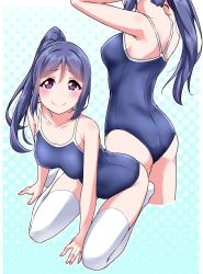 Rule 34 | 1girl, ass, back, between legs, blue background, blue hair, blue one-piece swimsuit, blush, collarbone, commentary request, competition school swimsuit, from behind, halftone, halftone background, hand between legs, leaning forward, long hair, looking at viewer, love live!, love live! school idol festival, love live! sunshine!!, matsuura kanan, multiple views, no shoes, one-piece swimsuit, outline, purple eyes, school swimsuit, sidelocks, sitting, smile, swimsuit, thighhighs, white outline, white thighhighs, yopparai oni