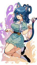 Rule 34 | 1girl, ;d, absurdres, animal ears, animal print, aqua dress, bell, black footwear, blue dress, blue eyes, blue hair, blush, breasts, cat ears, cat girl, cat print, cat tail, commentary, dress, drill hair, english commentary, frilled sleeves, frills, full body, hair ribbon, hair rings, half updo, hands up, high heels, highres, jingle bell, kaku seiga, kemonomimi mode, knees together feet apart, large breasts, looking at viewer, medium hair, oekaki, one eye closed, open mouth, paw pose, print dress, puffy short sleeves, puffy sleeves, pumps, ribbon, short sleeves, simple background, smile, socks, solo, tail, touhou, tress ribbon, twin drills, white background, white socks, xantam0129