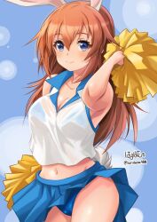 Rule 34 | 1girl, alternate costume, animal ears, arm up, artist name, blue panties, blue skirt, breasts, brown eyes, brown hair, charlotte e. yeager, cheerleader, cleavage, closed mouth, commentary request, cowboy shot, haruhata mutsuki, holding, long hair, looking at viewer, medium breasts, midriff, miniskirt, navel, panties, pantyshot, pleated skirt, pom pom (cheerleading), rabbit ears, rabbit girl, revision, shirt, signature, skirt, sleeveless, sleeveless shirt, smile, solo, standing, strike witches, sweat, twitter username, underwear, white shirt, world witches series