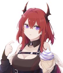 Rule 34 | 1girl, absurdres, arknights, artist name, bare shoulders, black dress, breasts, cleavage, commentary, dress, food, hair between eyes, hair intakes, hands up, highres, holding, holding food, horns, ice cream, long hair, looking at viewer, medium breasts, off shoulder, parted lips, purple eyes, red hair, signature, simple background, solo, surtr (arknights), upper body, white background, yuu azma