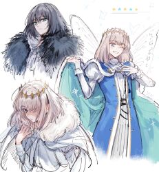 Rule 34 | 1boy, blue eyes, bug, butterfly, cape, crown, fairy wings, fate/grand order, fate (series), fur collar, grey hair, highres, insect, male focus, multiple views, oberon (fate), oberon (third ascension) (fate), one eye closed, shichimi (ftlvampire32), smile, star (symbol), wings