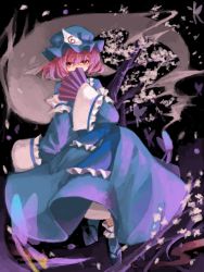 Rule 34 | 1girl, bad id, bad pixiv id, cherry blossoms, hand fan, female focus, ghost, hat, pink hair, red eyes, saigyouji yuyuko, shion (mamuring), shionty, short hair, solo, touhou