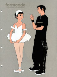 Rule 34 | 1boy, 1girl, absurdres, artist name, ballerina, ballet, ballet slippers, black hair, chain, cigarette, eye contact, footwear ribbon, form code, highres, jewelry, looking at another, murata range, necklace, pantyhose, scan, short hair, tutu, white pantyhose