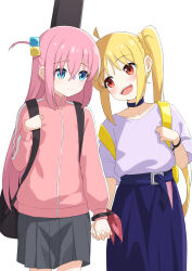 Rule 34 | 2girls, :d, ahoge, backpack, bag, blonde hair, blue choker, blue skirt, bocchi the rock!, choker, closed mouth, collarbone, commentary, cube hair ornament, eye contact, gotoh hitori, grey skirt, hair between eyes, hair ornament, hand up, head tilt, heijialan, highres, holding hands, ijichi nijika, interlocked fingers, jacket, long hair, long sleeves, looking at another, multiple girls, one side up, open mouth, pink hair, pink jacket, pleated skirt, puffy long sleeves, puffy sleeves, purple shirt, red eyes, shirt, short sleeves, side ponytail, simple background, skirt, smile, symbol-only commentary, track jacket, turn pale, very long hair, white background