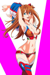 Rule 34 | 1girl, adapted costume, armpits, artist request, bikini, blush, breasts, cleavage, clothes writing, curvy, large breasts, long hair, looking at viewer, narrow waist, neon genesis evangelion, plugsuit, red bikini, red hair, red thighhighs, revealing clothes, shiny skin, simple background, smile, solo, souryuu asuka langley, swimsuit, thighhighs, twintails, undressing, yamayoshi