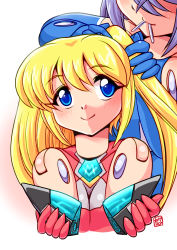 Rule 34 | 10s, 2girls, :&gt;, blonde hair, blue eyes, blush, breasts squeezed together, breasts, busou shinki, doll joints, hair ornament, hair over eyes, hairdressing, hairpin, hands up, joints, lirbiete, long hair, lowres, mouth hold, multiple girls, oborogumo takamitsu, purple hair, robot ears, siblings, signature, simple background, sisters, small breasts, twintails, upper body, vervietta, white background